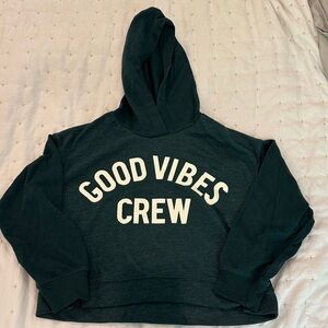 Old Navy Dark Green Cropped 'Good Vibes Crew' Hoodie with White Lettering
